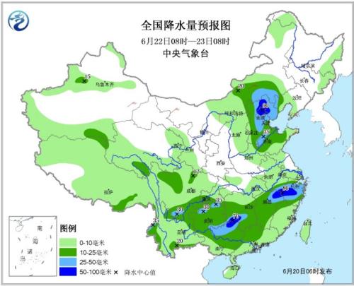 全国降水量预报图(6月22日08时-23日08时)