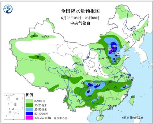 全国降水量预报图(6月22日08时-23日08时)